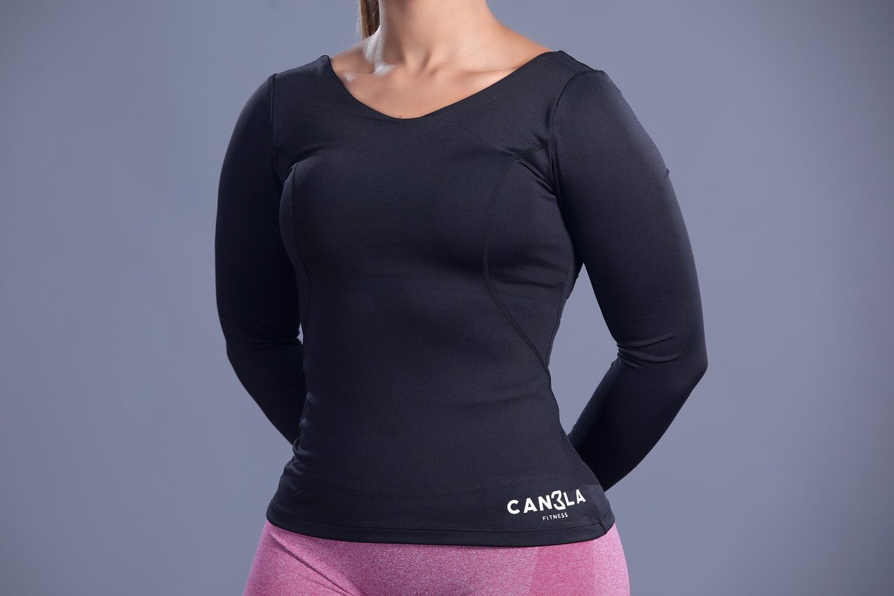 ACTIVE LONG SLEEVE YOGA T-SHIRT STRAPPY BACK - BLACK - CanelaFitness