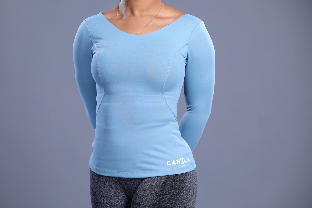 ACTIVE LONG SLEEVE YOGA T-SHIRT STRAPPY BACK - SKY BLUE - CanelaFitness