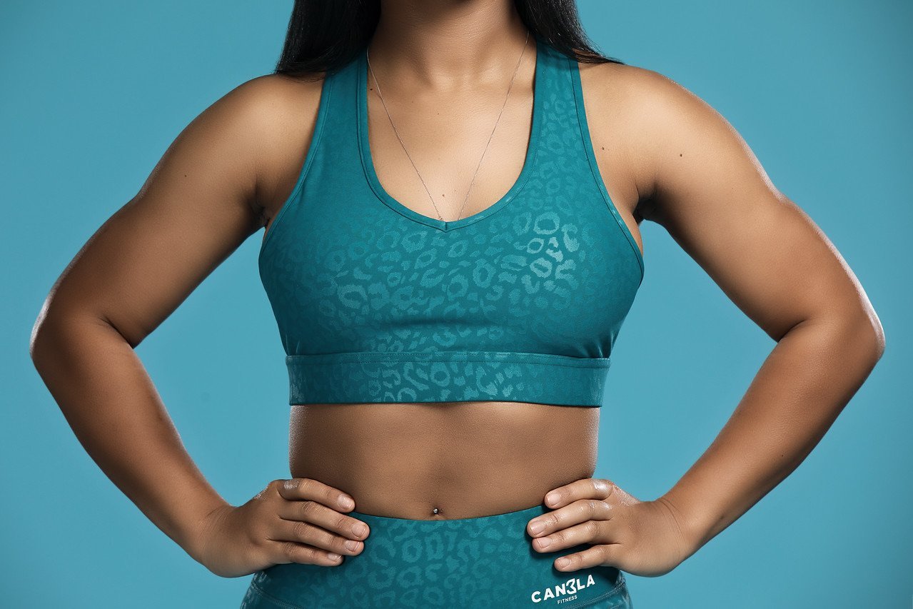 SHINY LEOPARD BRA - DARK TEAL GREEN - CanelaFitness